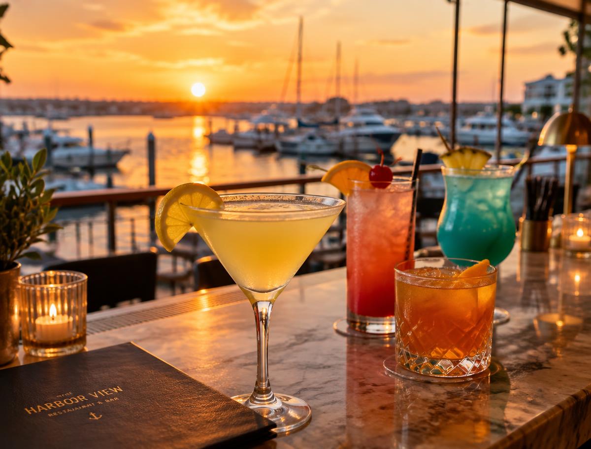 Lemon drop martini and cocktails at sunset over the marina