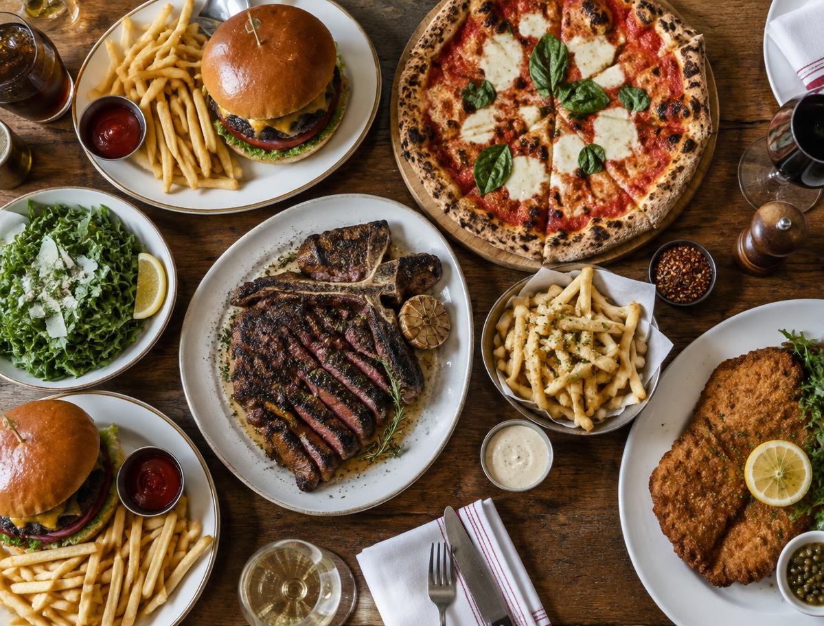 Burgers, pizza, steak and schnitzel on a shared table