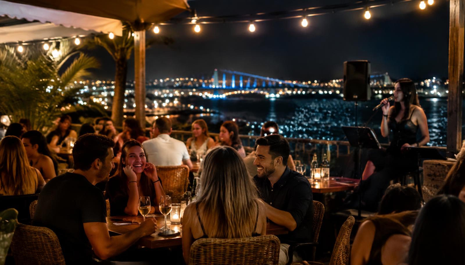 Guests enjoying live music at night on the waterfront